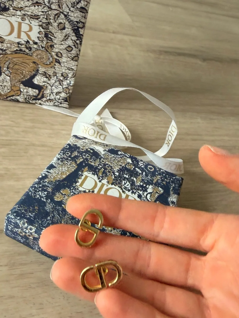 Dior Gold CD Logo Cufflinks on Navy & Gold Box